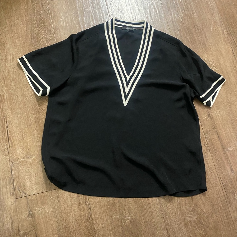 Rag & Bone Black V-Neck Top with White Striped Trim